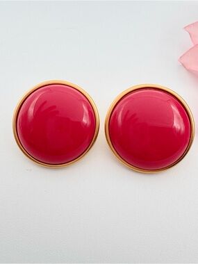 Vintage Monet Pink Lucite Dome Button Stud Earrings Gold Tone Signed Chic Mogul